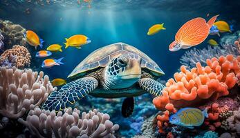turtle with group of colorful fish and sea animals with colorful coral underwater in ocean, Generative AI photo