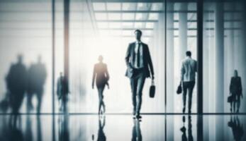 blurred business people in white glass office background, photo