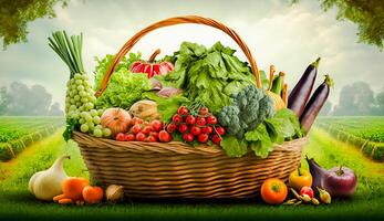 fresh green and mix colored vegetables in big basket in field green plants with agricultural vehical background, photo