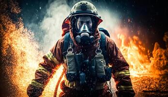 bombero utilizando agua y extintor a luchando con fuego fuego vistiendo traje para seguridad, generativo ai. foto