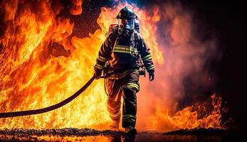 bombero utilizando agua y extintor a luchando con fuego fuego vistiendo traje para seguridad, generativo ai. foto