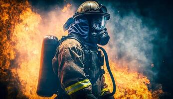 Fireman using water and extinguisher to fighting with fire flame wearing suit for safety, . photo