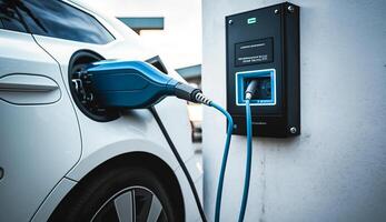 eléctrico coche cargando a un estación, ai generativo foto