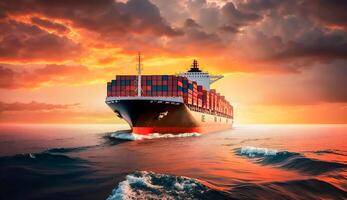 Container big ship on ocean and big wave, Business logistic import - export transport in sunset, AI generative. photo