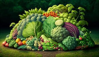 big pile of fresh green and mix colored vegetables in field green plants, . photo