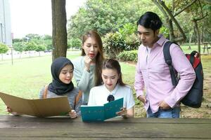 joven asiático malayo chino hombre mujer al aire libre parque libro archivo carpeta ordenador portátil computadora teléfono sentar estar estudiar mezclarse foto