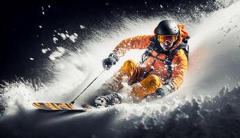 Jumping skier skiing. Extreme winter sports on mountain, adventure sport, . photo