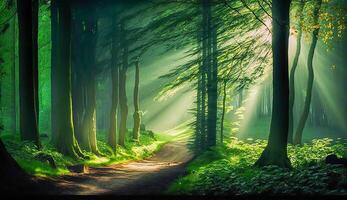 verde bosque con hermosa rayos de luz de sol, bosque paisaje, generativo ai foto