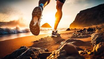 close up legs runner running on sunrise seaside trail, photo