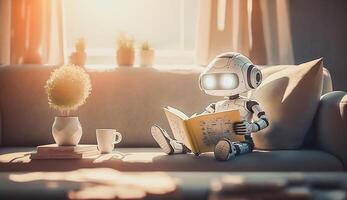 ai robot leyendo libro en sofá en sala en mañana, aprendizaje más y más concepto, ai generativo foto