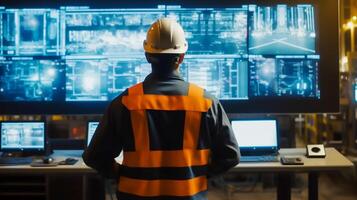 Back view of engineer in safety helmet and uniforms on Big Screen monitor computer working control machine in factory, photo