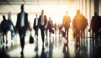 Crowd of business people walking in office fast moving, photo