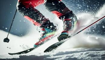 close up jumping skier skiing. Extreme winter sports on mountain, adventure sport, . photo