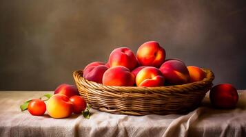 Still life with nectarines and plums on basket on brown wrinkled fabric with with cement wall background, photo
