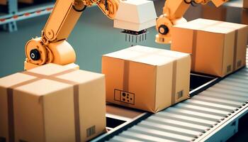 Robotic Arms working with Carton boxes on Conveyor belt in Warehouse for product storage and logistics, generative ai photo