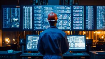 Back view of engineer in safety helmet and uniforms on Big Screen monitor computer working control machine in factory, photo