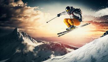 saltando esquiador esquiar. extremo invierno Deportes en montaña, aventuras deporte, ai generativo. foto