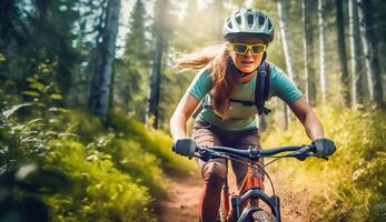 Mountain biking woman riding on bike in summer mountains forest landscape, photo