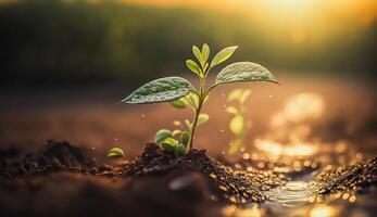 young plant growing from seed in soil in park in sun rise with raining drops, photo