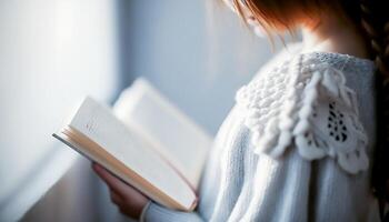 young girl in white cardigan reading opened book, knowledge and kid reading concept, photo