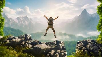 Success and adventure concept, successful hiker man jumping on the top of the mountain in morning sunrise, . photo