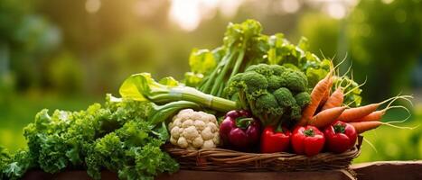 fresh green and mix colored vegetables in big basket in field green plants with agricultural vehical background, photo