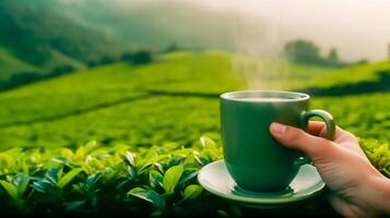 hand of woman holding cup of tea on top of young leaf tea in the foggy green tea field in morning, photo