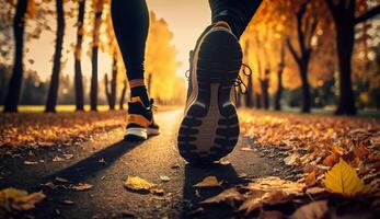 Start of runner running in autum forest and park to success and goal concept, photo