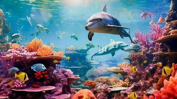 delfines y un arrecife submarino ambiente. electrónico collage imágenes como fondo de pantalla, generativo ai foto