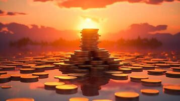 Stacked of coin money tall as towers in sun rise, financial business concept, photo