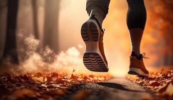 Start of runner running in autum forest and park to success and goal concept, photo