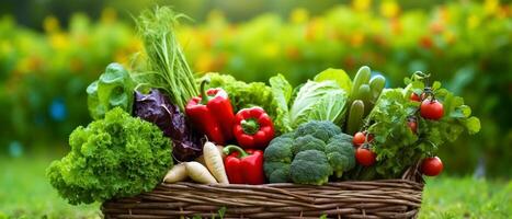 fresh green and mix colored vegetables in big basket in field green plants with agricultural vehical background, photo