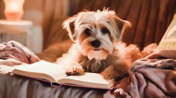 cute dog reading a book on sofa at home, photo