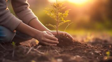 cerca arriba mano de joven plantando joven árbol en parque en atardecer, generativo ai foto