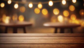 Empty wood table top on blur light soft bokeh background, photo