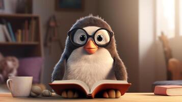 un linda pingüino vistiendo lentes leyendo libro en vivo habitación, aprendizaje y conocimiento y sabiduría concepto, generativo ai foto