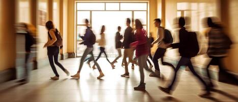 borroso grupo de joven estudiantes yendo a clase en rápido movimienot, generativo ai foto