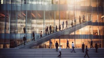 blured business people walking up and down stair outside office in fast movement, . photo