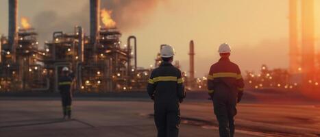 engineers in uniform walk and holding tablet checking in oil refinery field in morning, photo