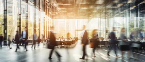 Blurred business man walk fast movement in modern office with business people meeting on table background, photo