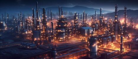 petróleo refinería campo a noche, el petroquímico industria, generativo ai foto