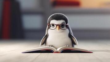 un linda pingüino vistiendo lentes leyendo libro en vivo habitación, aprendizaje y conocimiento y sabiduría concepto, generativo ai foto