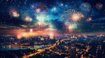 Colorful beautiful fireworks over city at night, photo