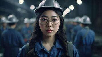 retrato de un asiático hembra ingeniero en uniforme trabajando en un profesional fábrica, ai generativo foto