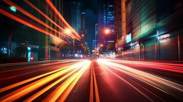 resumen largo exposición dinámica velocidad ligero en la carretera en ciudad, generativo ai foto