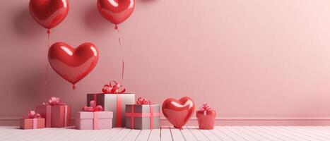 red and pink balloon heart shape in pink studio with gift boxes, photo