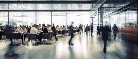 Blurred business man walk fast movement in modern office with business people meeting on table background, photo
