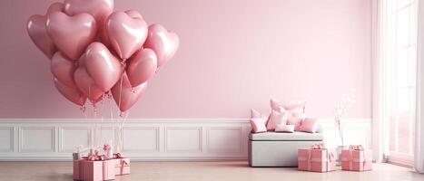 rosado globo corazón forma en rosado estudio con regalo cajas, generativo ai foto