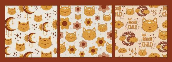 Sleepy cat seamless pattern set vector