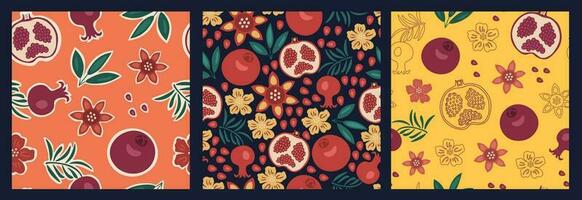 Pomegranate leaf seamless pattern set vector